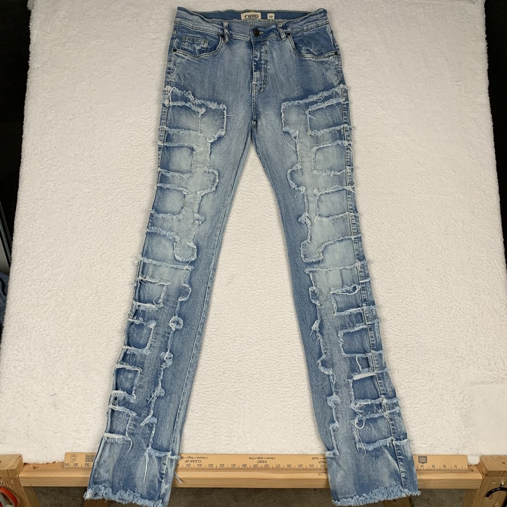 FWRD Denim Jeans Mens 34 (FITS 32x39) Patchwork Streetwear Stretch Slim Blue Zip
